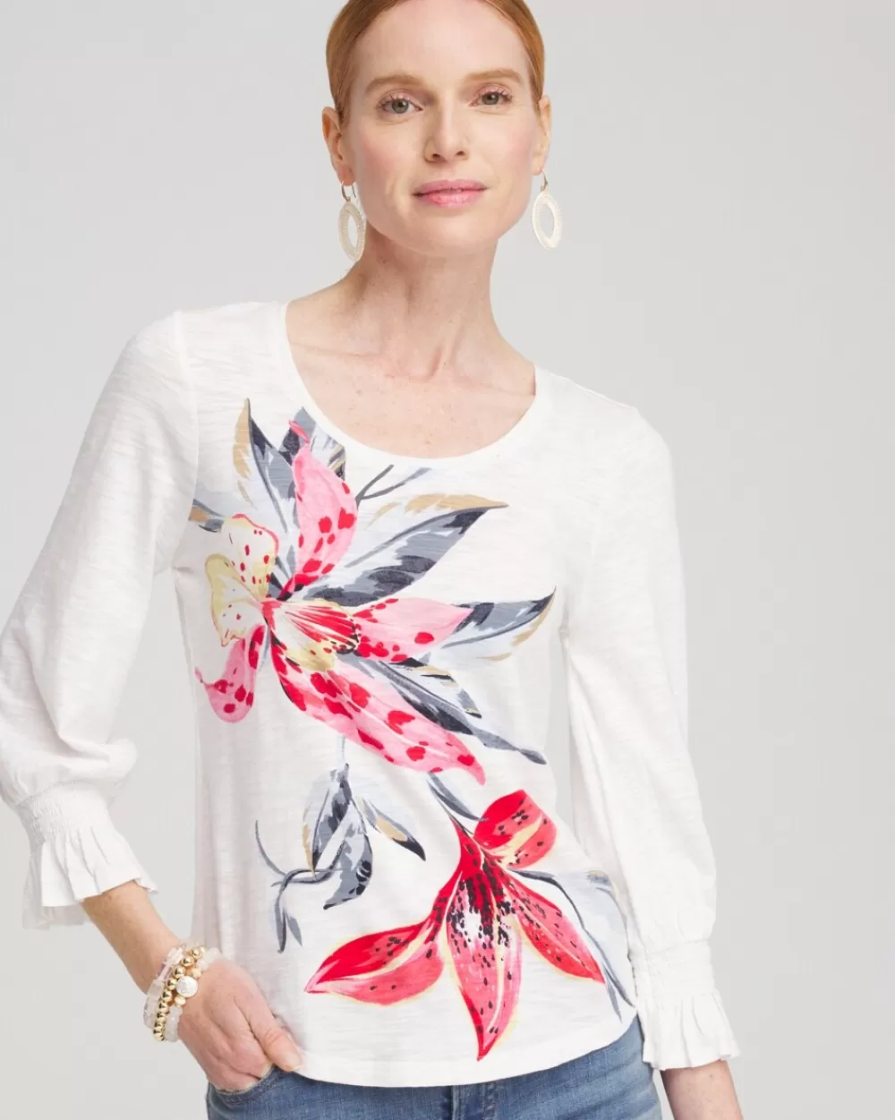 Sale Lilies Smocked 3/4 Sleeve Tee Tops