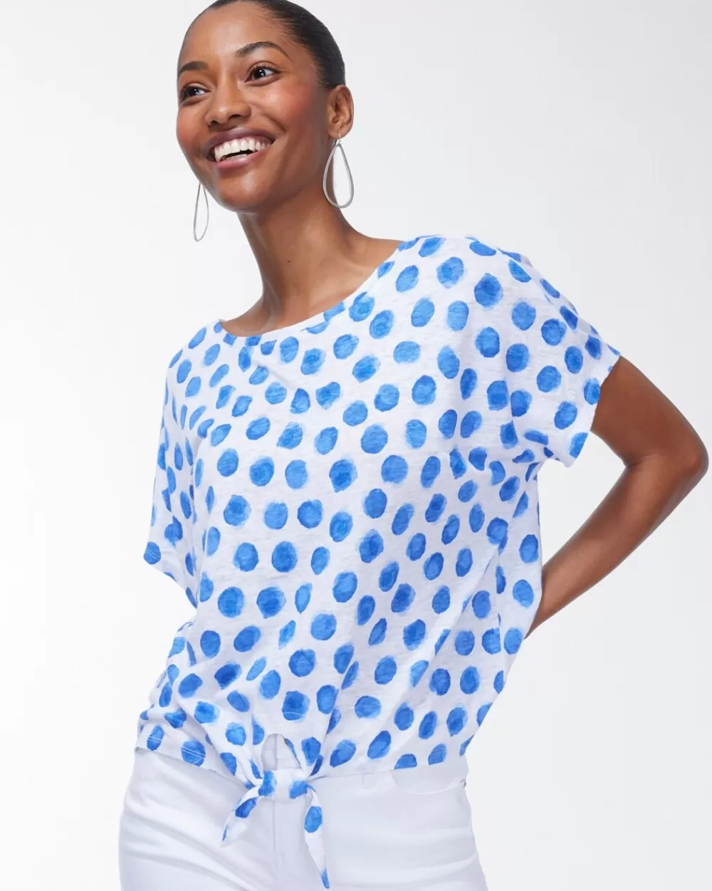 Cheap Linen Blue Dots Tie Front Tee Tops