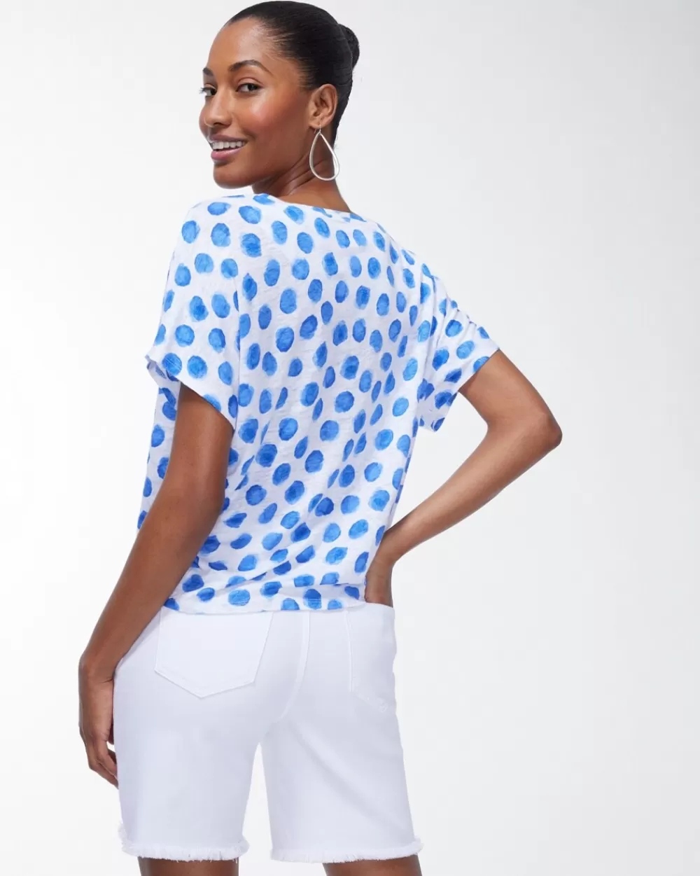 Cheap Linen Blue Dots Tie Front Tee Tops