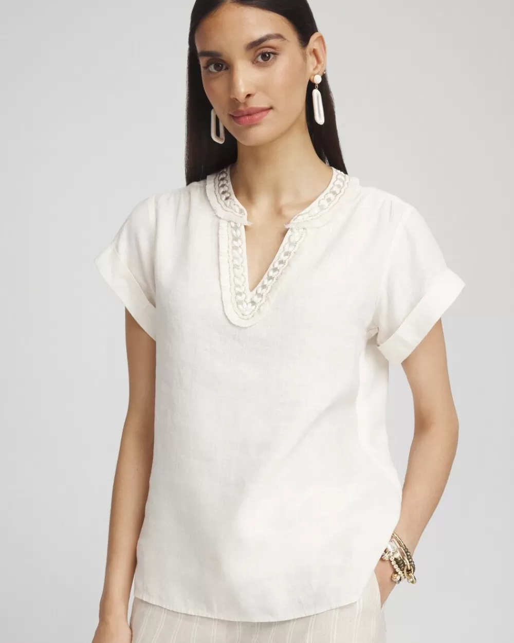 Cheap Linen Embellished Neck Top Tops