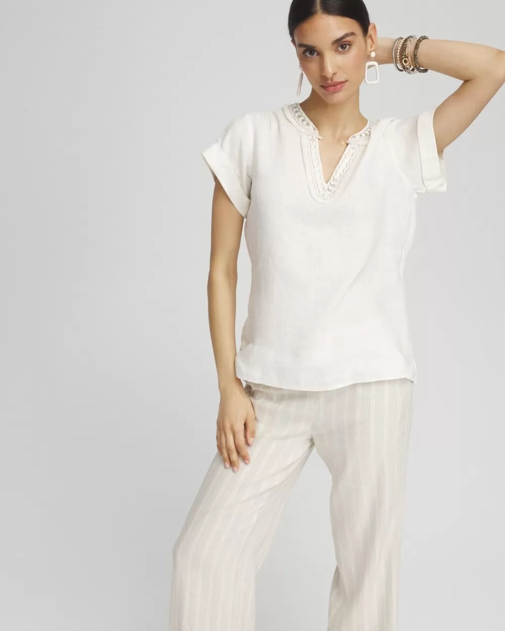 Cheap Linen Embellished Neck Top Tops