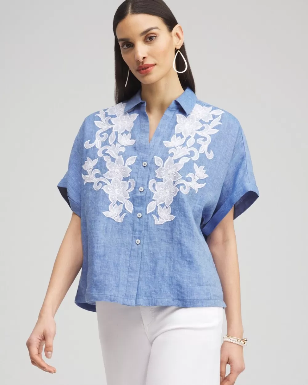 New Linen Embroidered Applique Shirt Tops