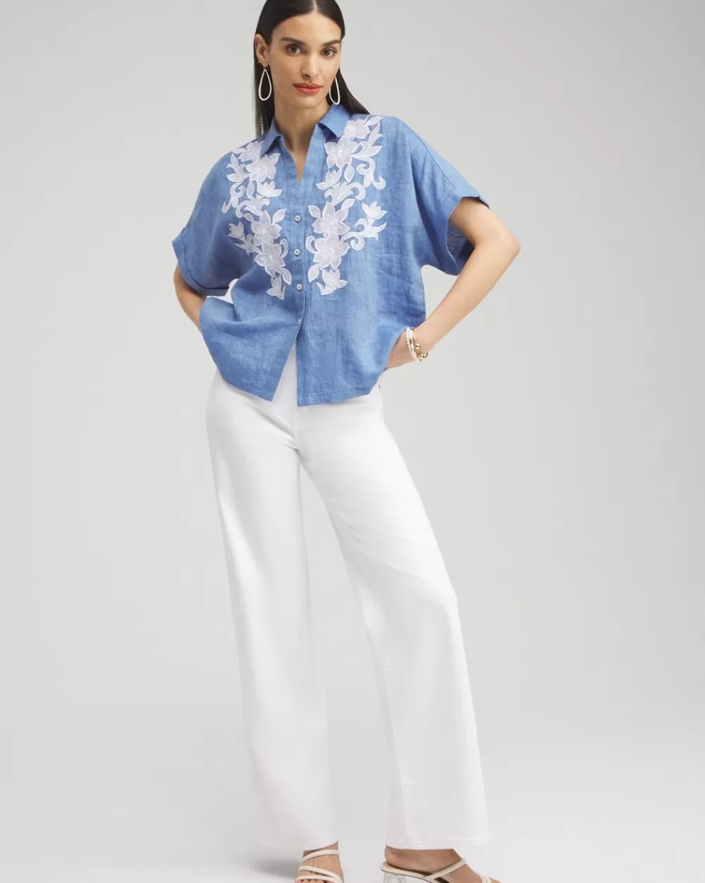 New Linen Embroidered Applique Shirt Tops