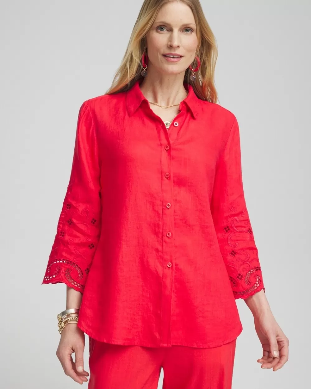 Best Linen Eyelet Sleeve Shirt Tops