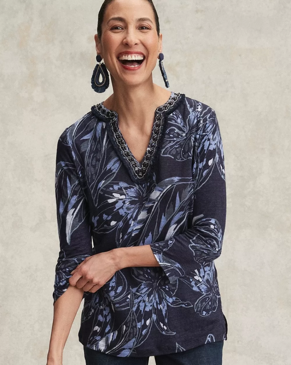 Sale Linen Floral Embellished Tunic Tops