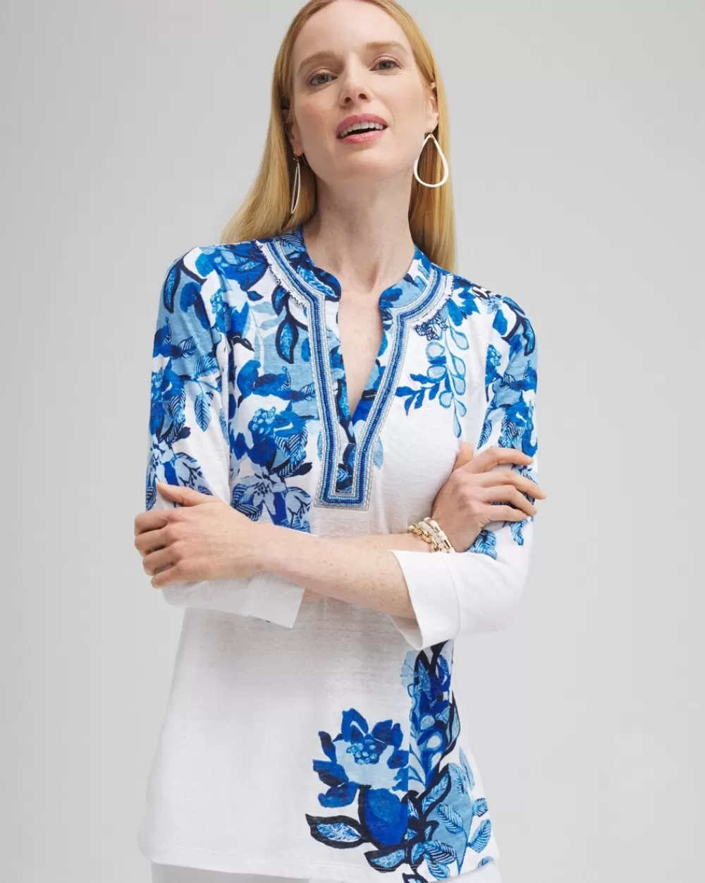 Store Linen Floral Embellished Tunic Tops