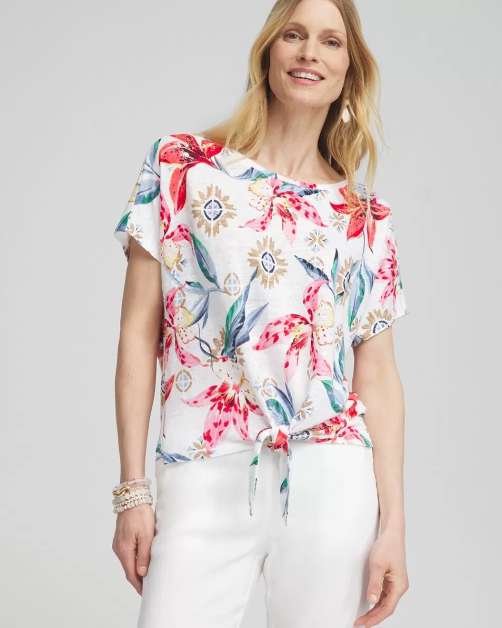 Hot Linen Floral Tie Front Tee Tops