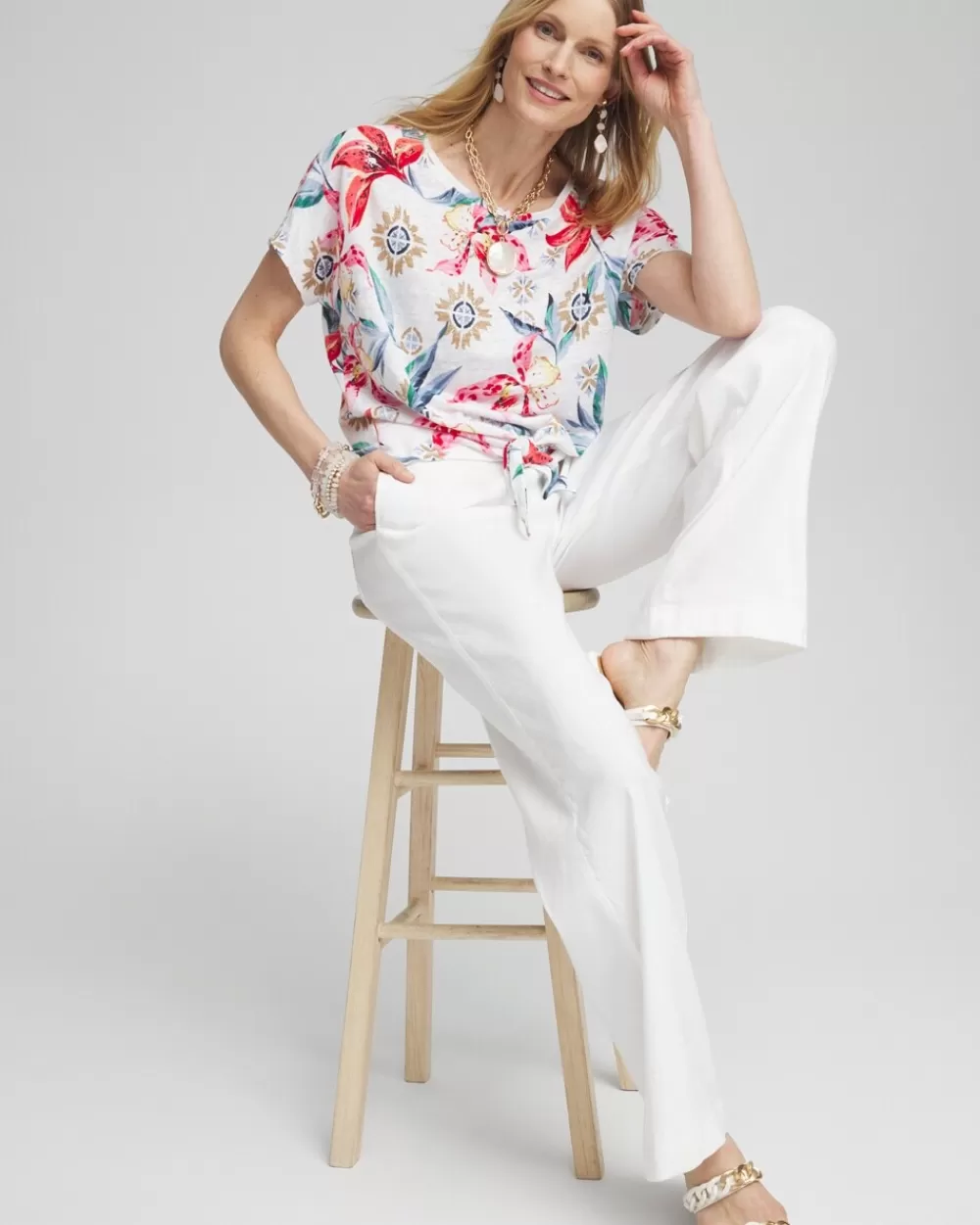 Hot Linen Floral Tie Front Tee Tops