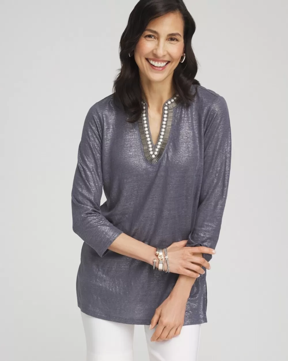 Cheap Linen Foil Embellished Tunic Tops