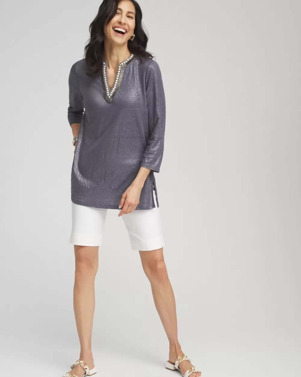 Cheap Linen Foil Embellished Tunic Tops