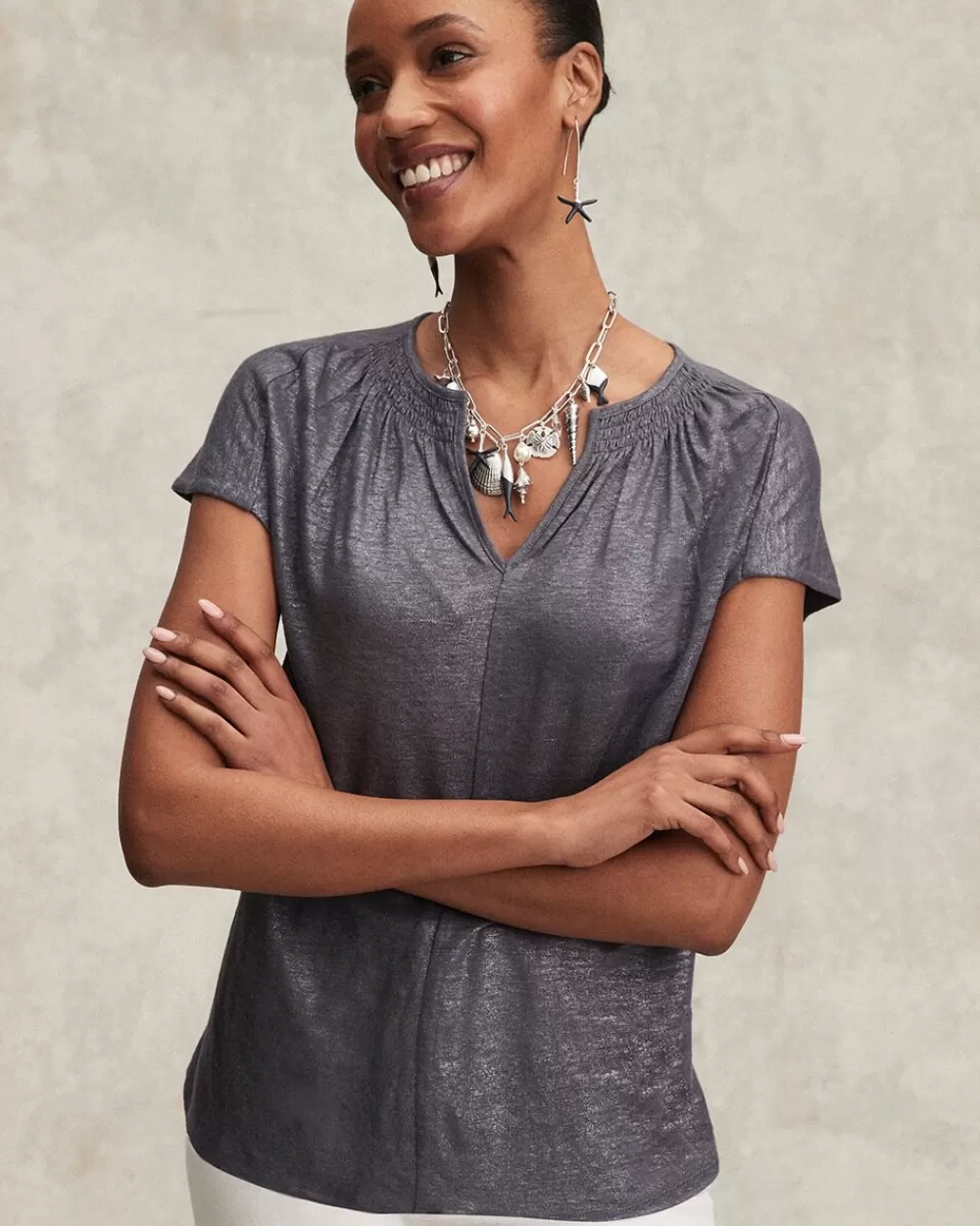 Store Linen Metallic Tee Tops