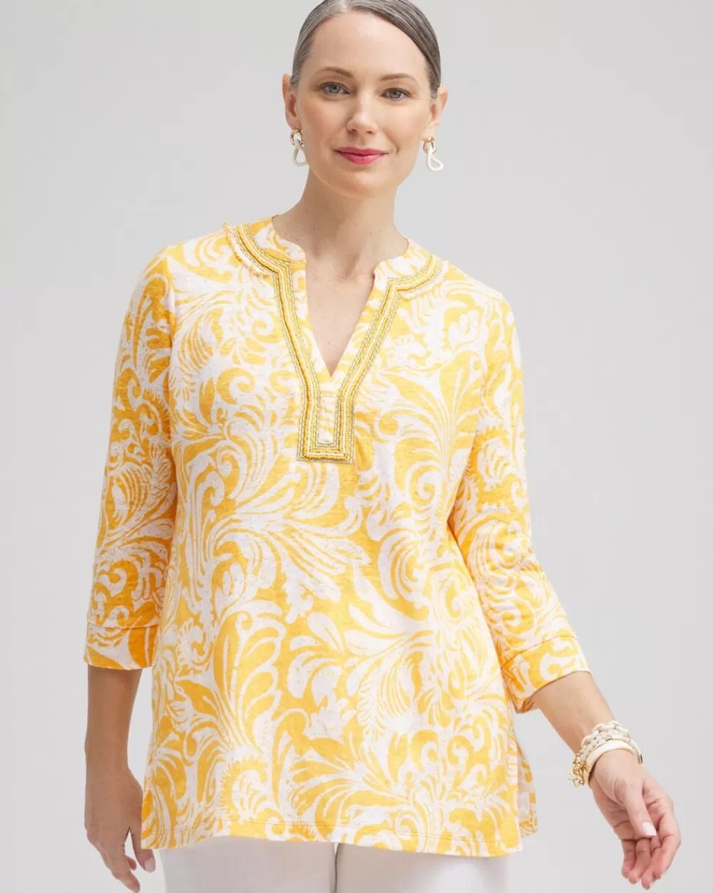 Discount Linen Paisley Embellished Tunic Tops