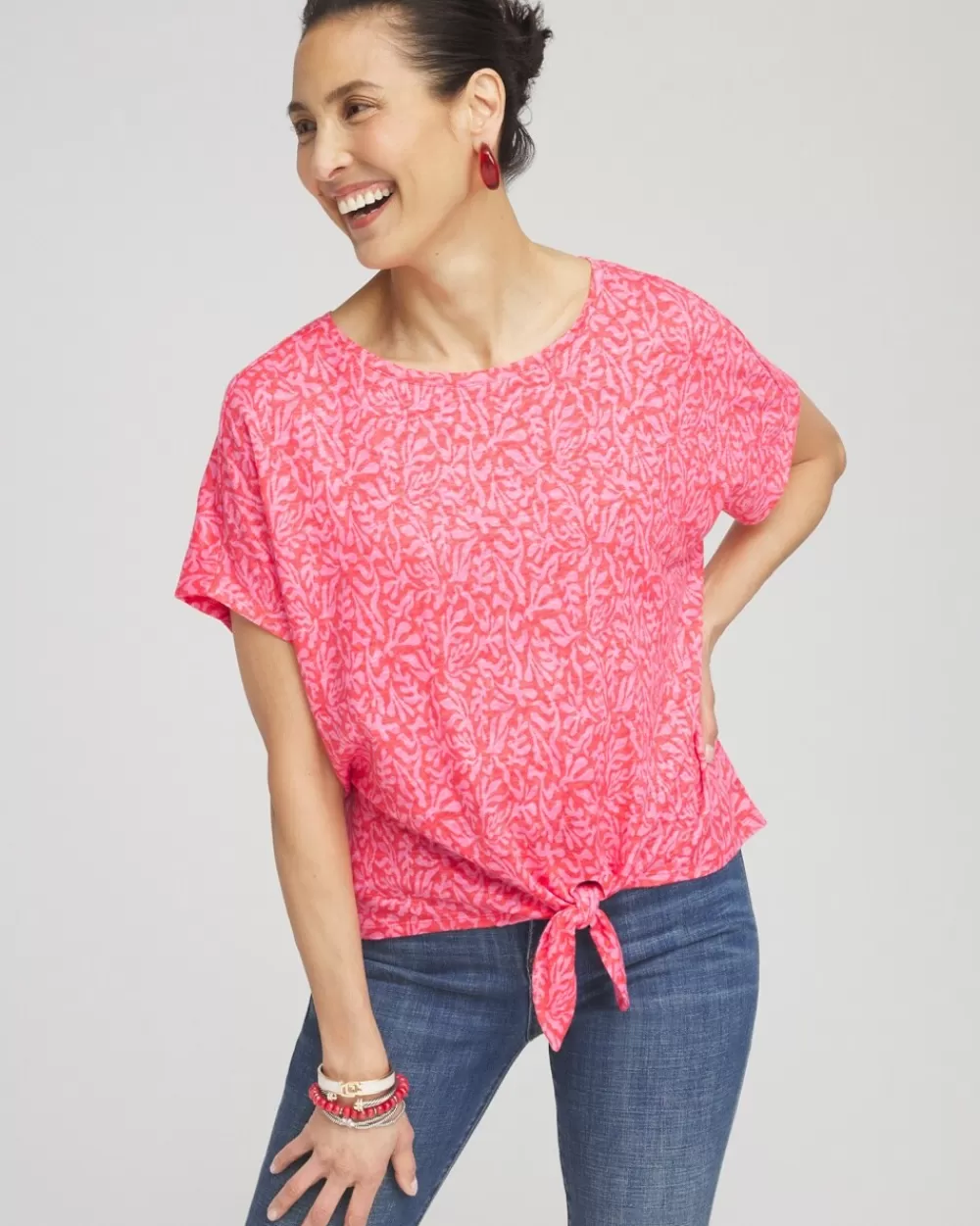 Discount Linen Reef Tie Front Tee Tops