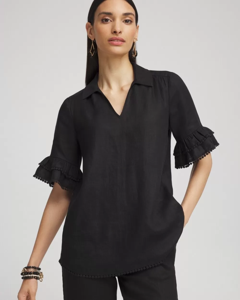 Cheap Linen Ruffle Sleeve Blouse Tops