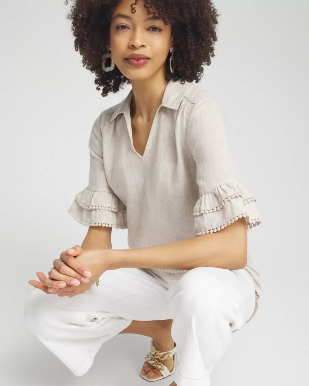 Cheap Linen Ruffle Sleeve Blouse Tops