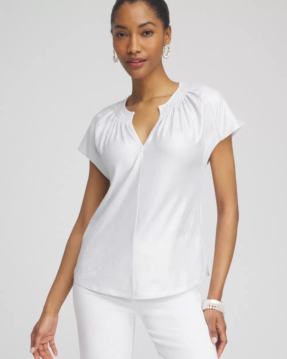 Cheap Linen Stretch Metallic Tee Tops