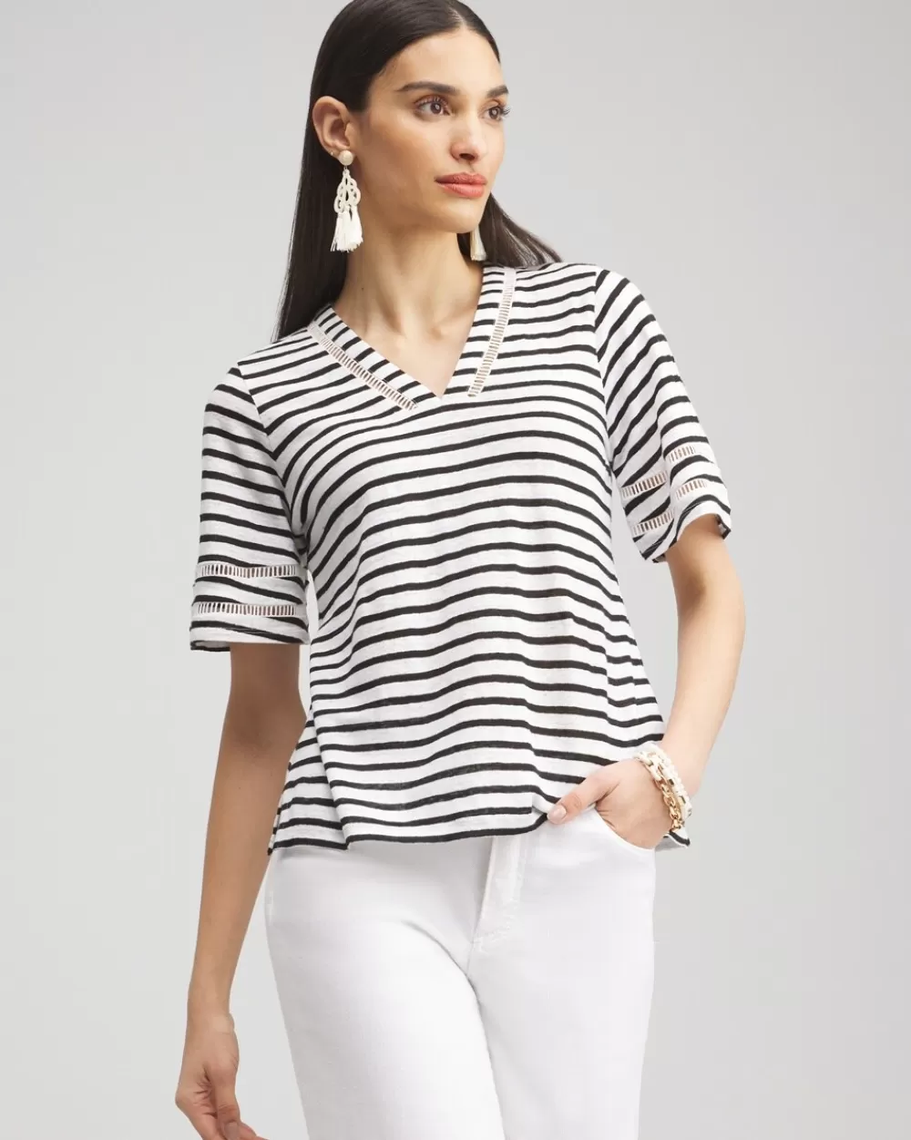 Discount Linen Stripe Ladder Lace Tee Tops