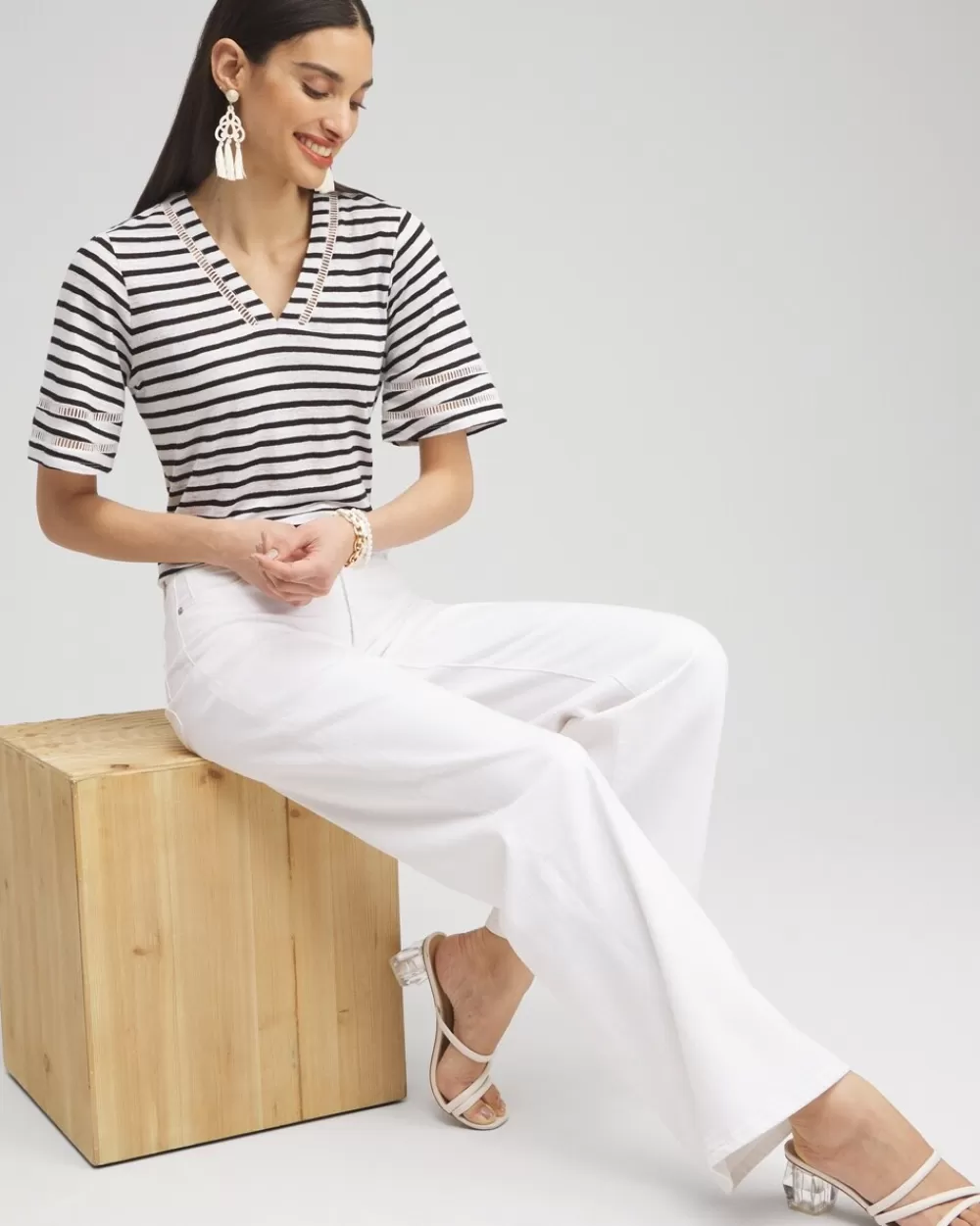 Discount Linen Stripe Ladder Lace Tee Tops