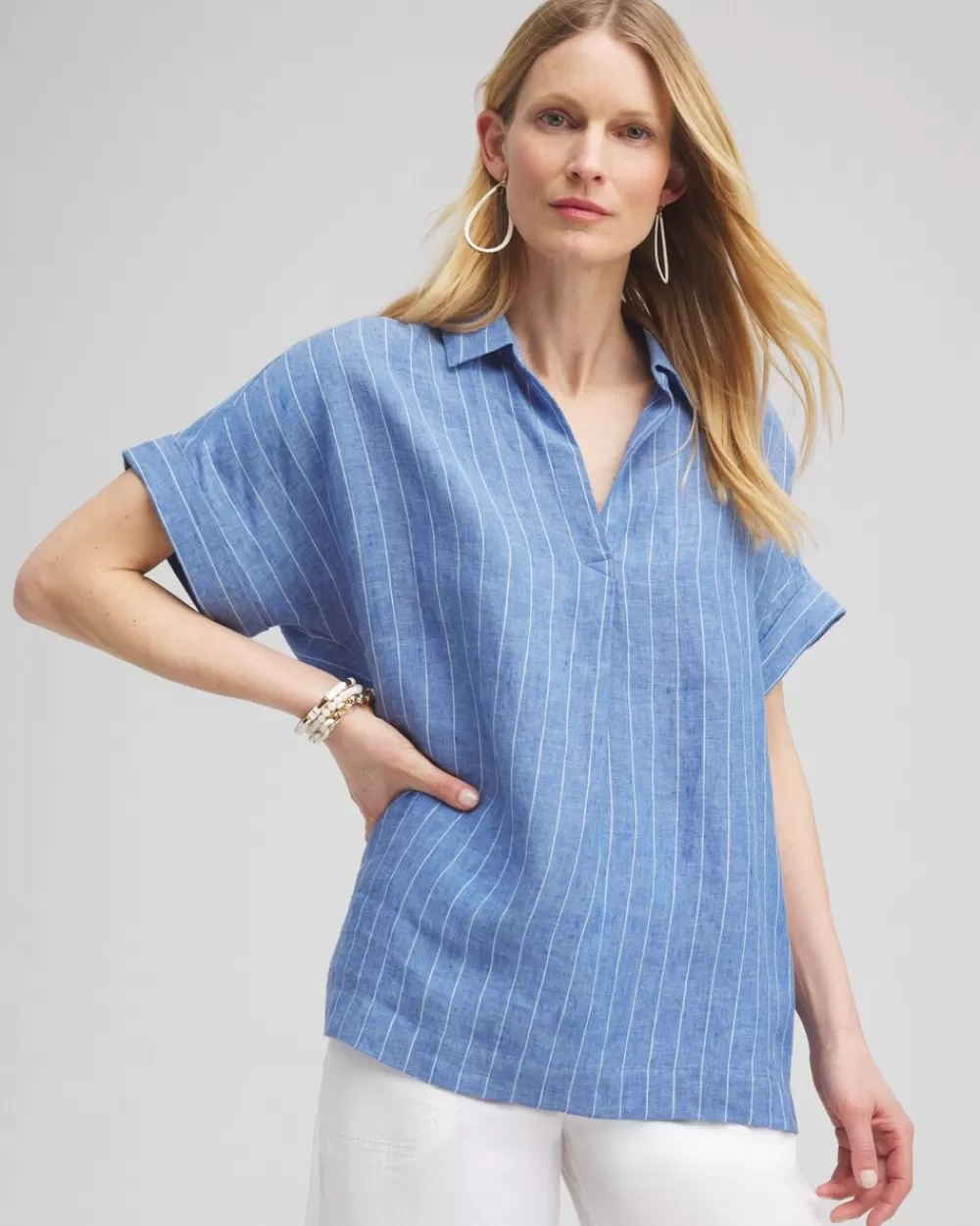 New Linen Stripe Popover Top Tops