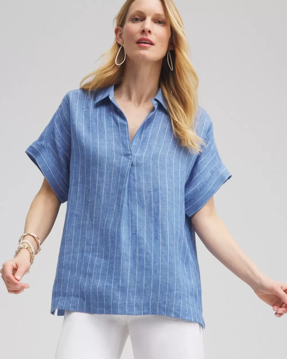 New Linen Stripe Popover Top Tops