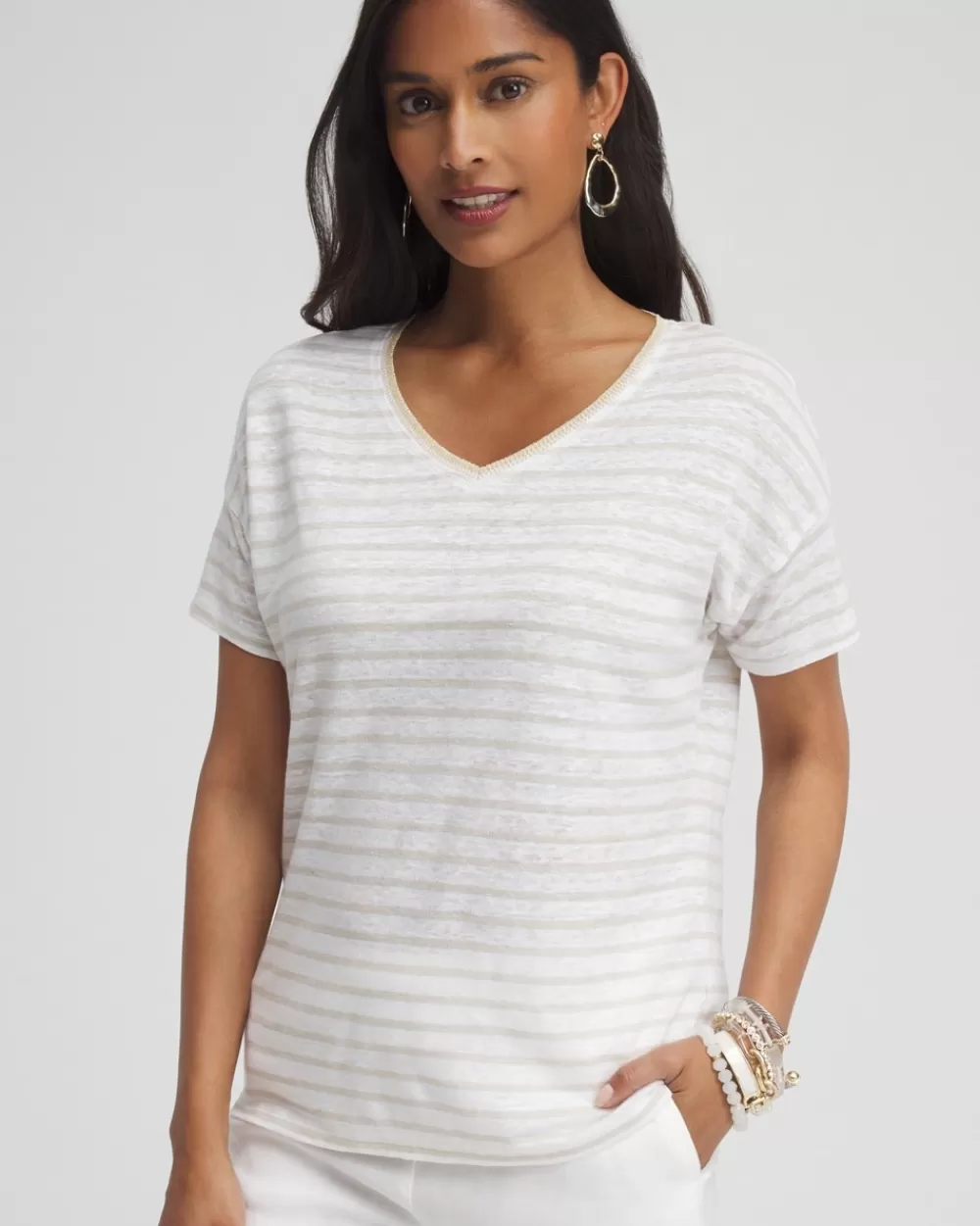 Cheap Linen Stripe Sweater Trim Tee Tops