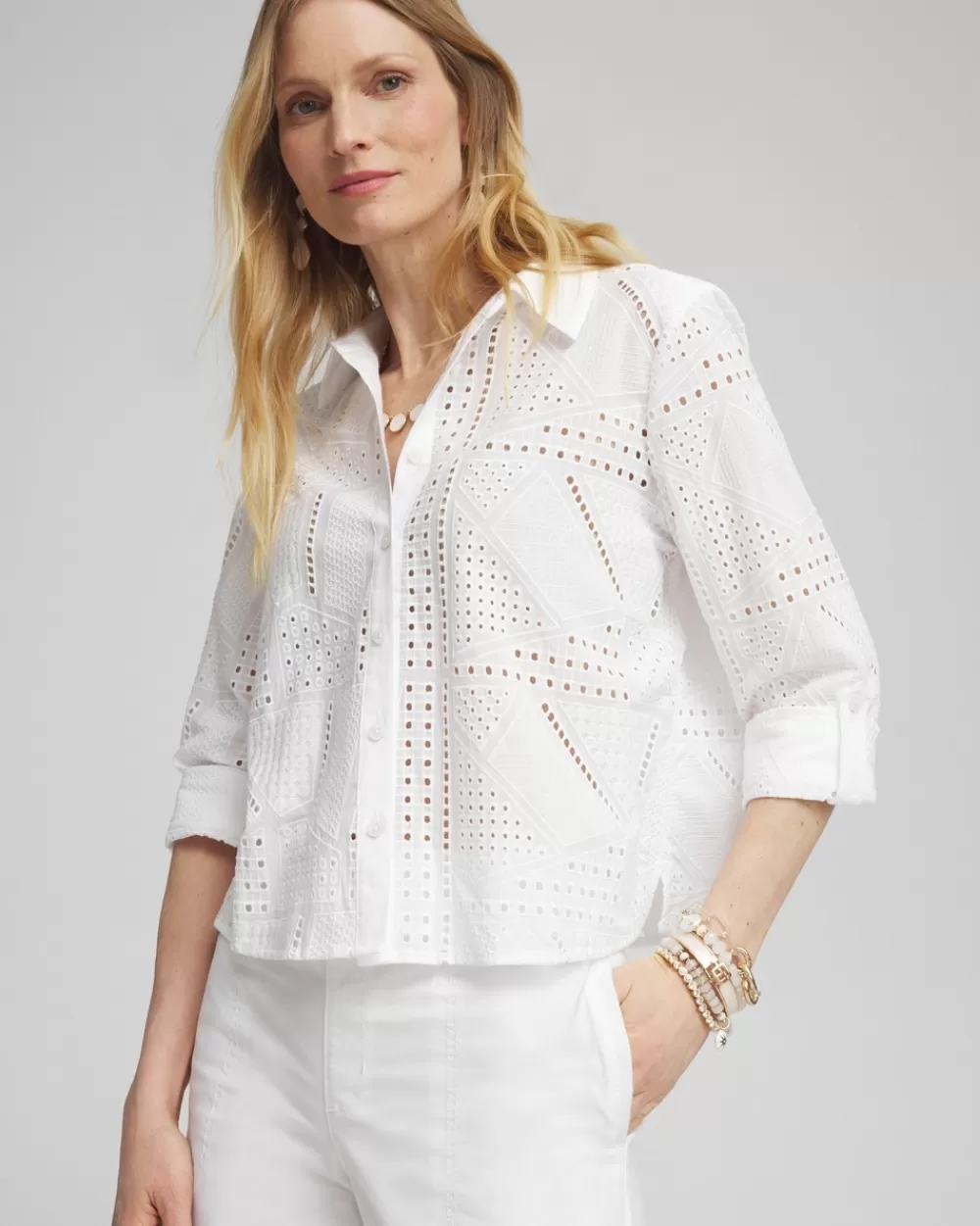 Sale Mixed Eyelet Cotton Shirt Tops