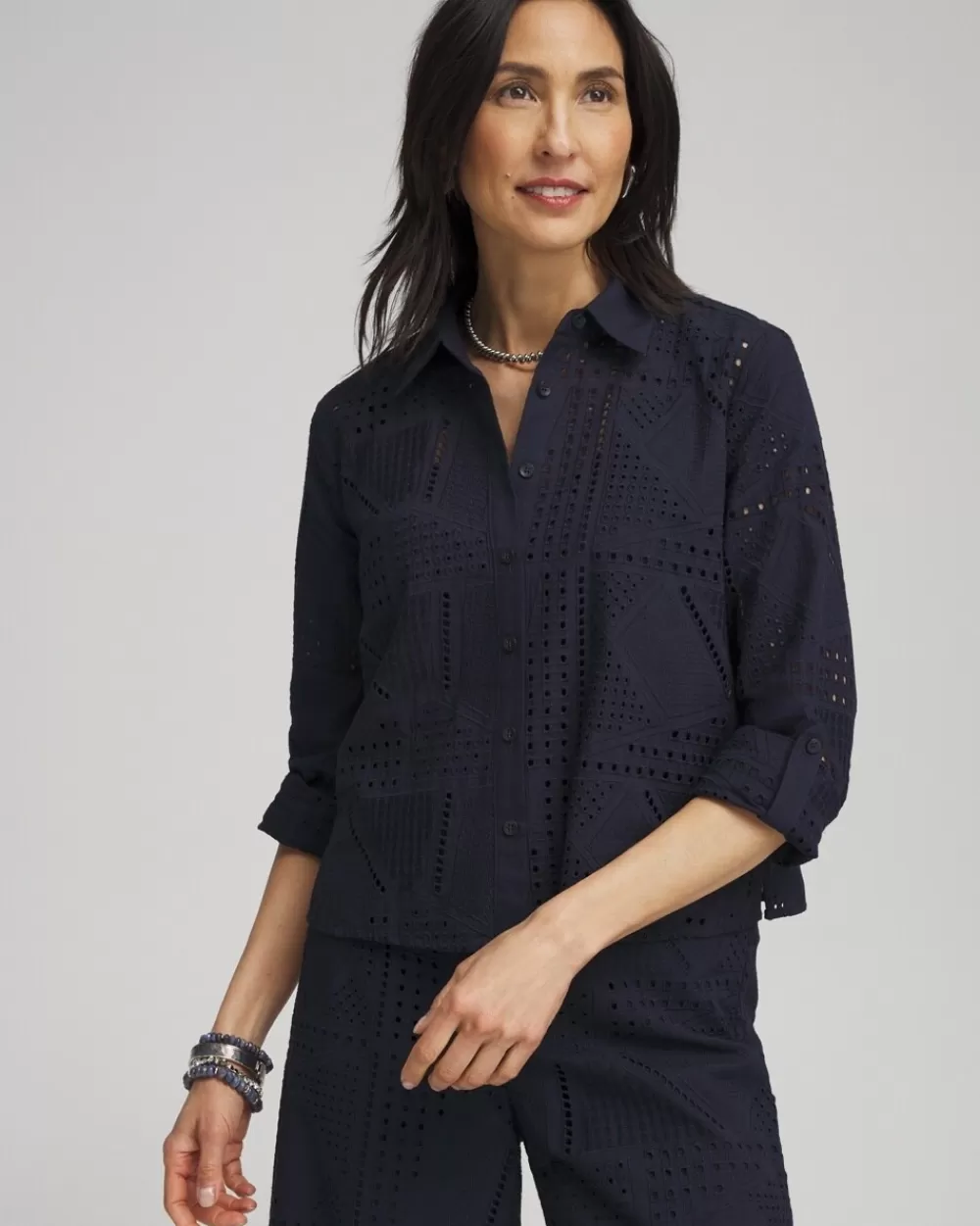 Sale Mixed Eyelet Cotton Shirt Tops