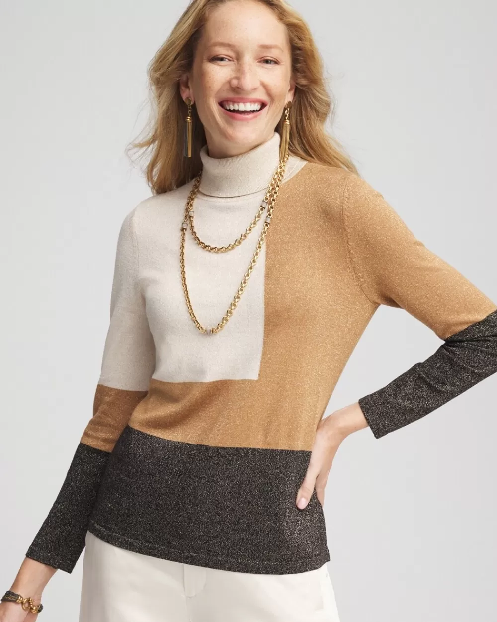 Outlet Neutral Colorblock Turtleneck Sweater Sweaters