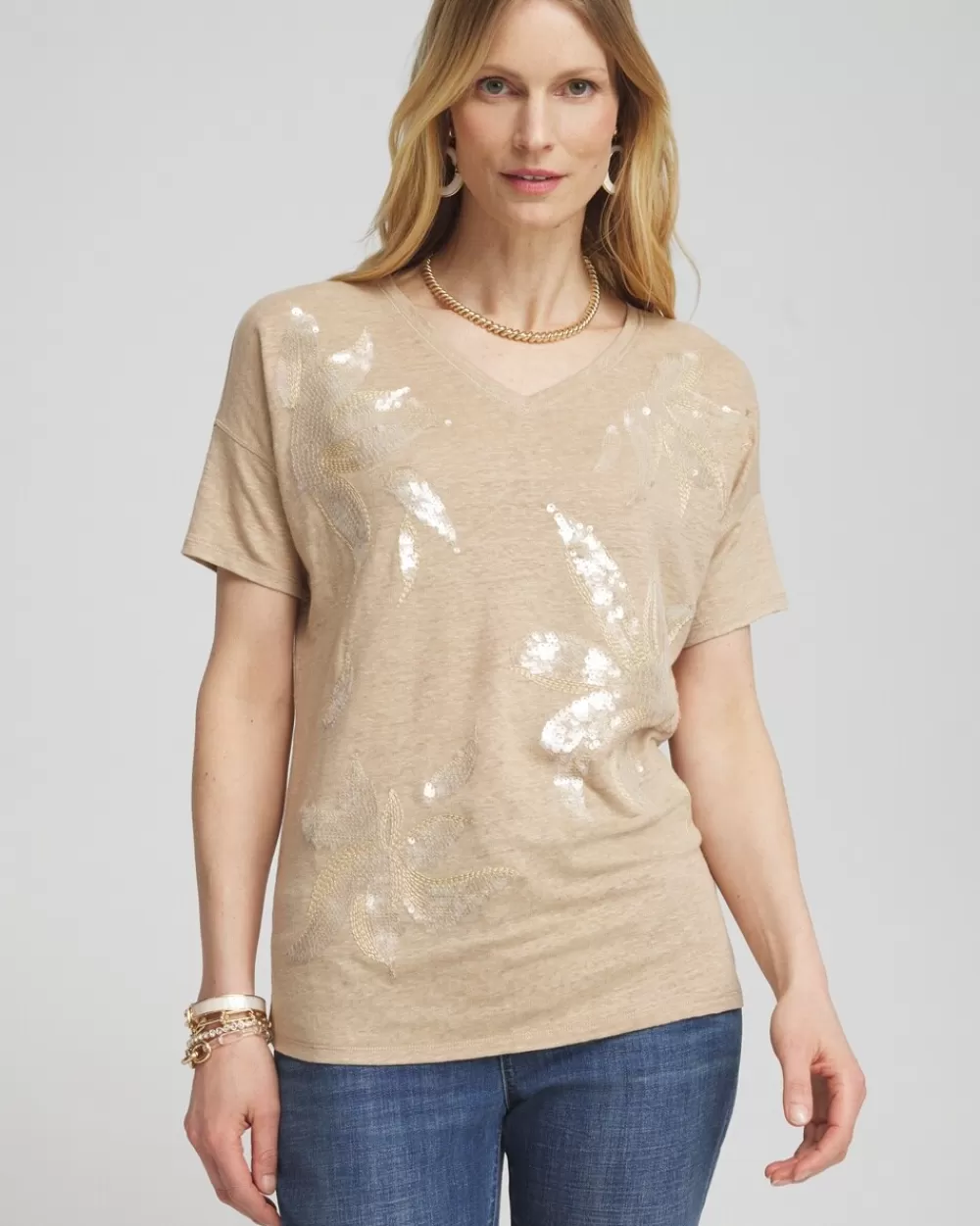 Online Neutral Sequin Embellished Tee Tops