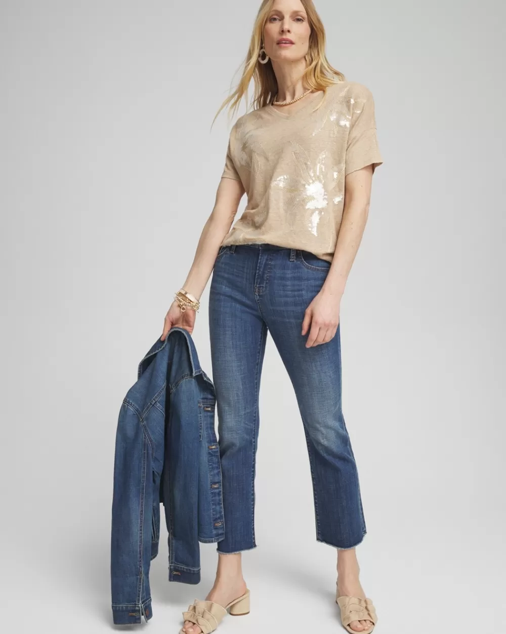 Online Neutral Sequin Embellished Tee Tops