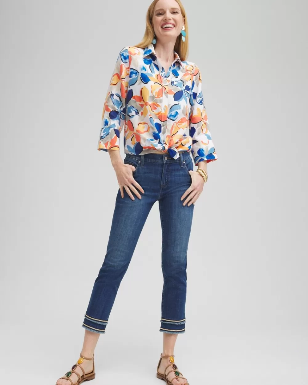 Cheap No Iron™ Linen Floral 3/4 Sleeve Shirt Tops