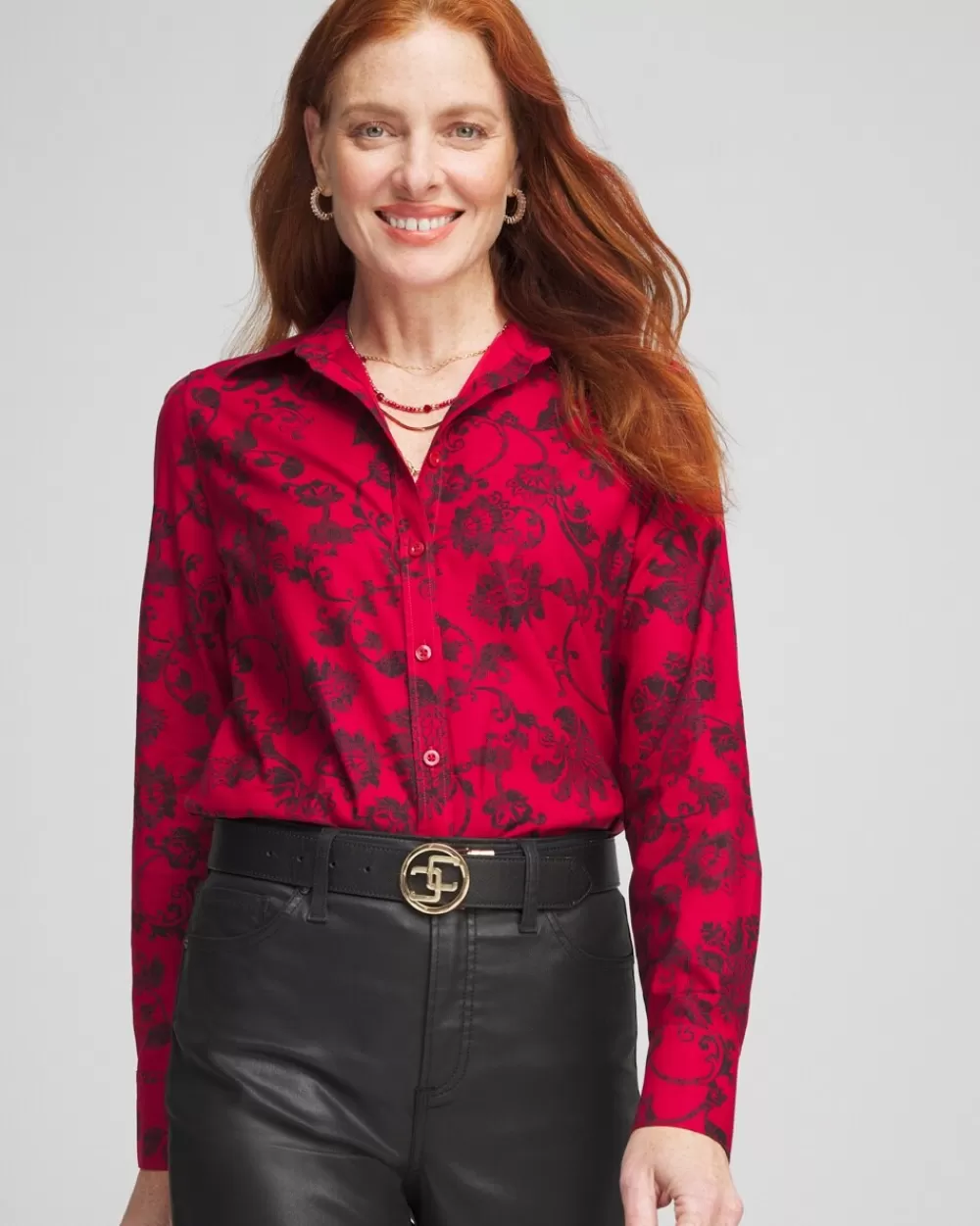 Fashion No Iron™ Red & Black Floral Shirt Tops