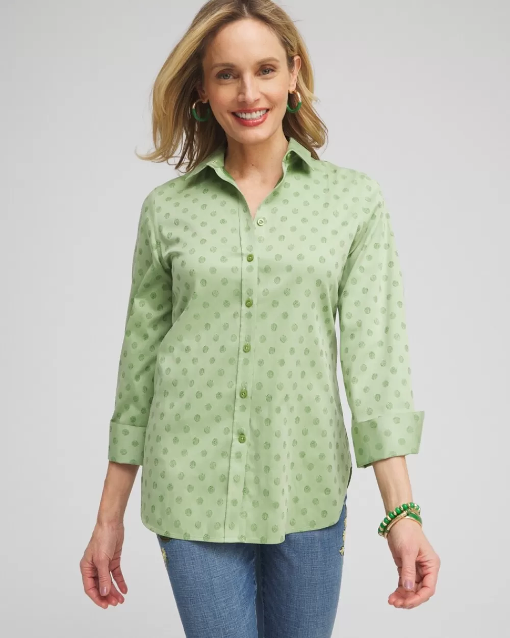 Fashion No Iron™ Stretch Dot Print 3/4 Sleeve Shirt Tops