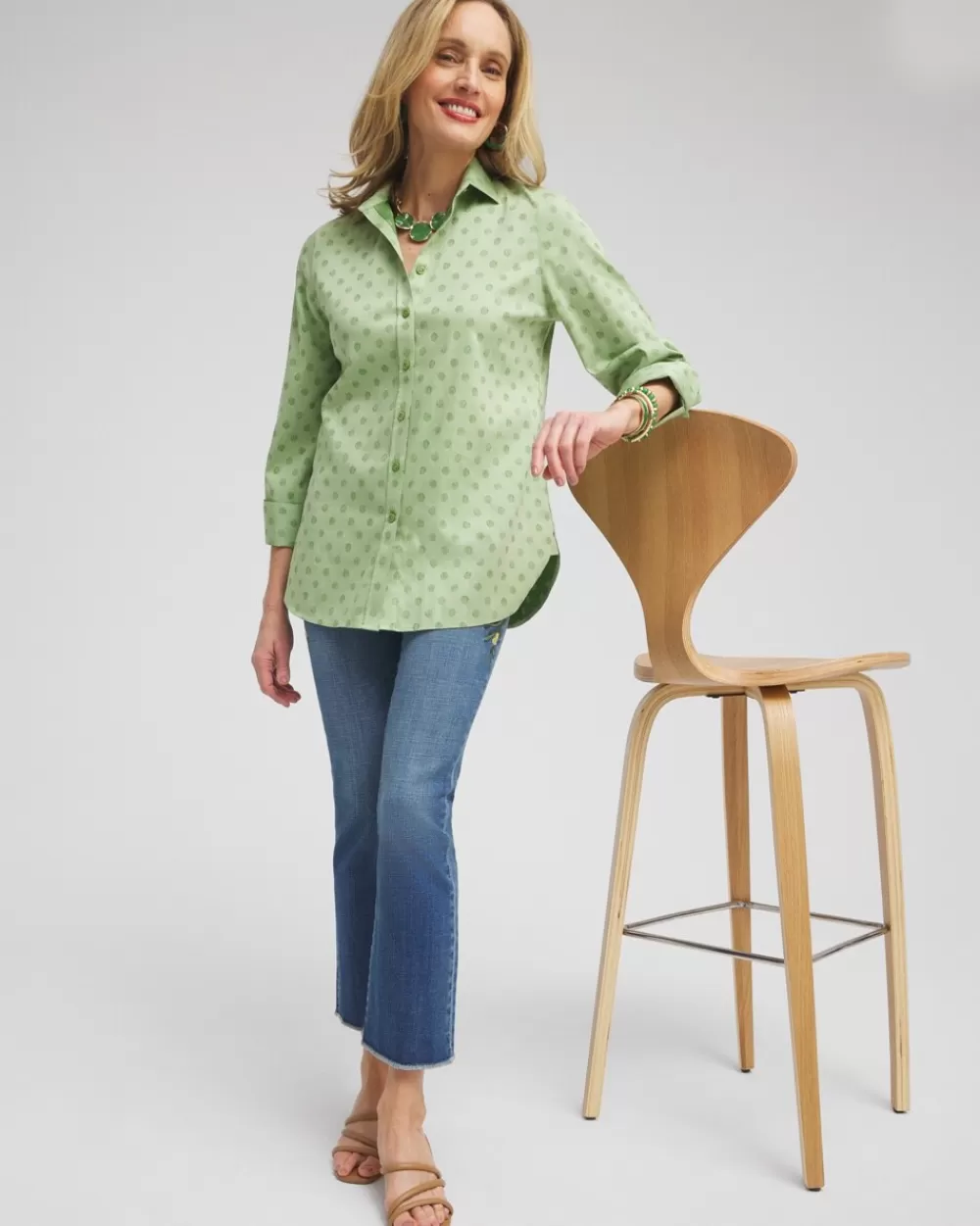 Fashion No Iron™ Stretch Dot Print 3/4 Sleeve Shirt Tops