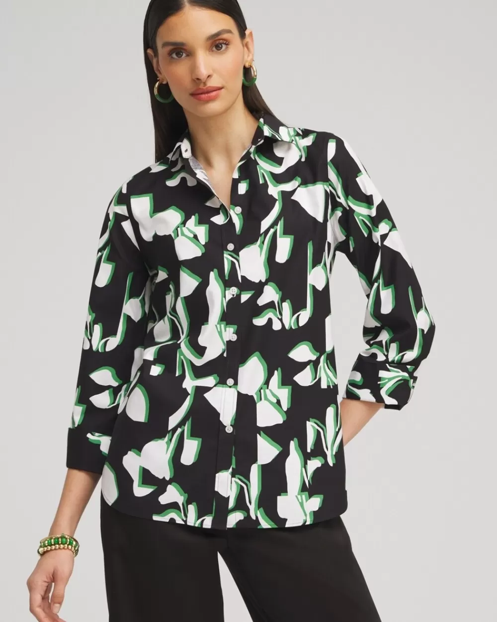 Cheap No Iron™ Stretch Floral 3/4 Sleeve Shirt Tops