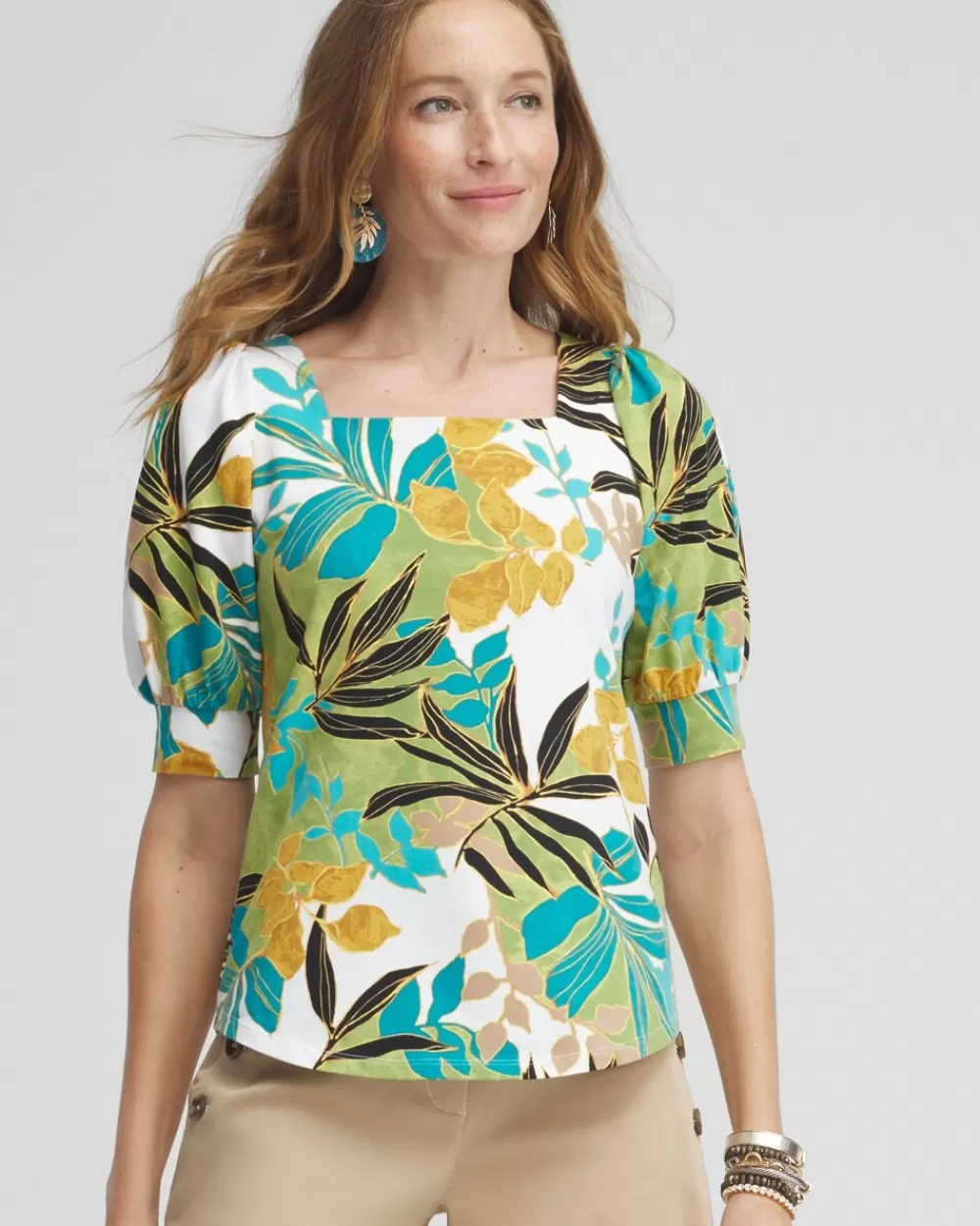 Clearance Palm Print Square Neck Top Tops