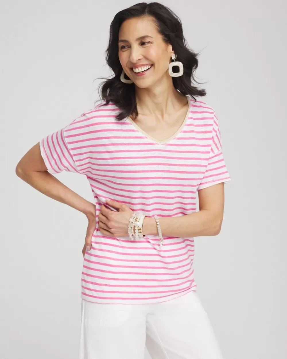 Online Pink Stripe Sweater Trim Linen Tee Tops