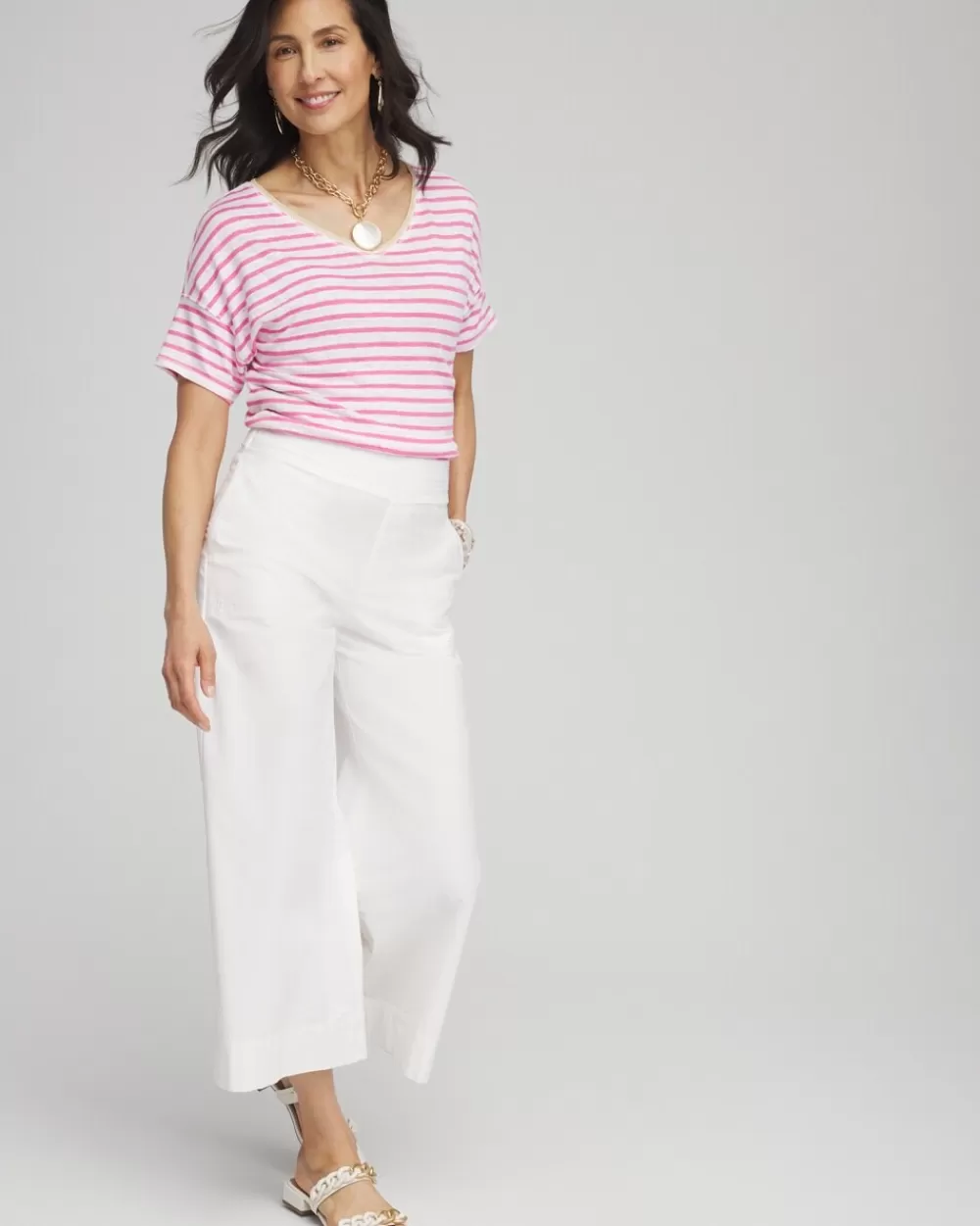 Online Pink Stripe Sweater Trim Linen Tee Tops