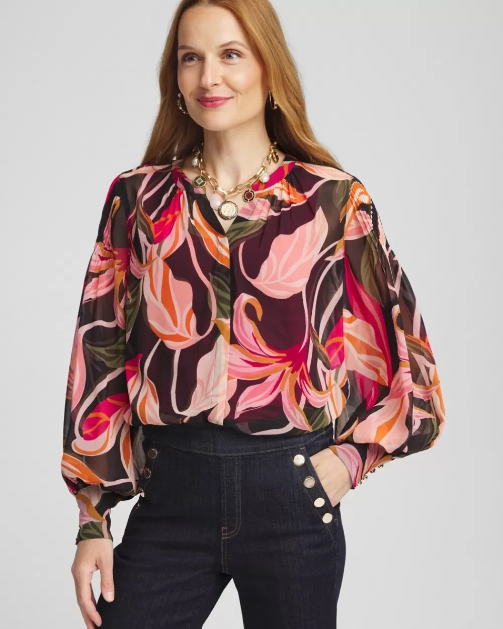 Fashion Pintuck Sleeve Orchid Print Blouse Tops