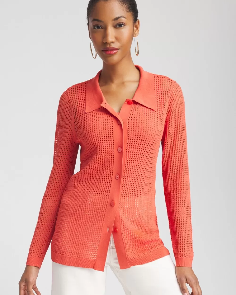 Sale Pointelle Collared Cardigan Tops