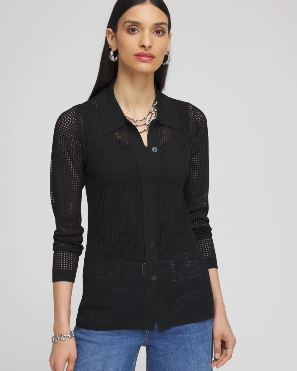 Sale Pointelle Collared Cardigan Tops