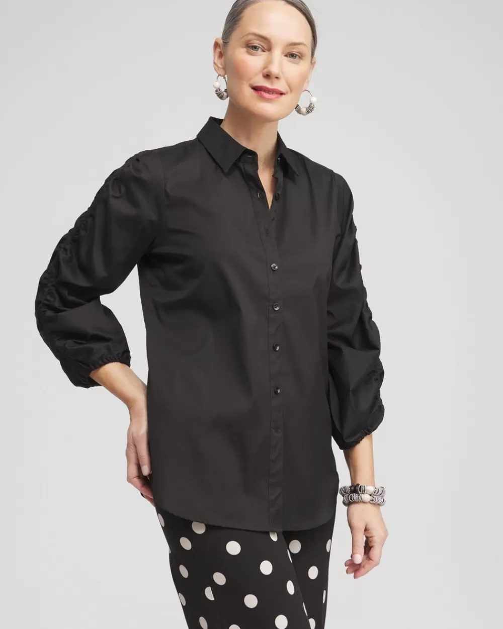 Cheap Poplin Ruched Sleeve Shirt Tops