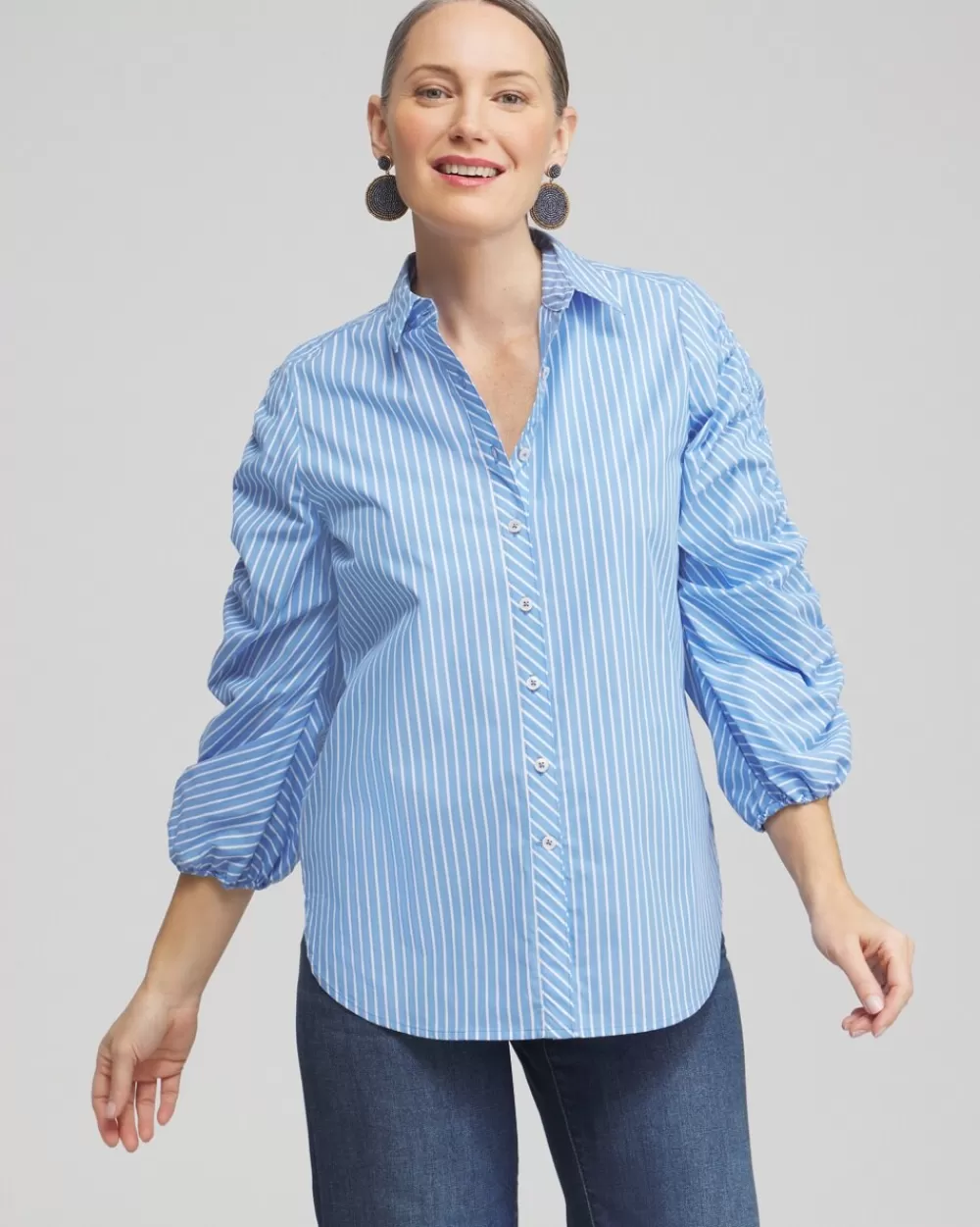 Flash Sale Poplin Stripe Ruched Sleeve Shirt Tops