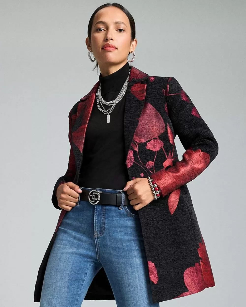 Best Red Floral Jacquard Topper Jackets & Coats