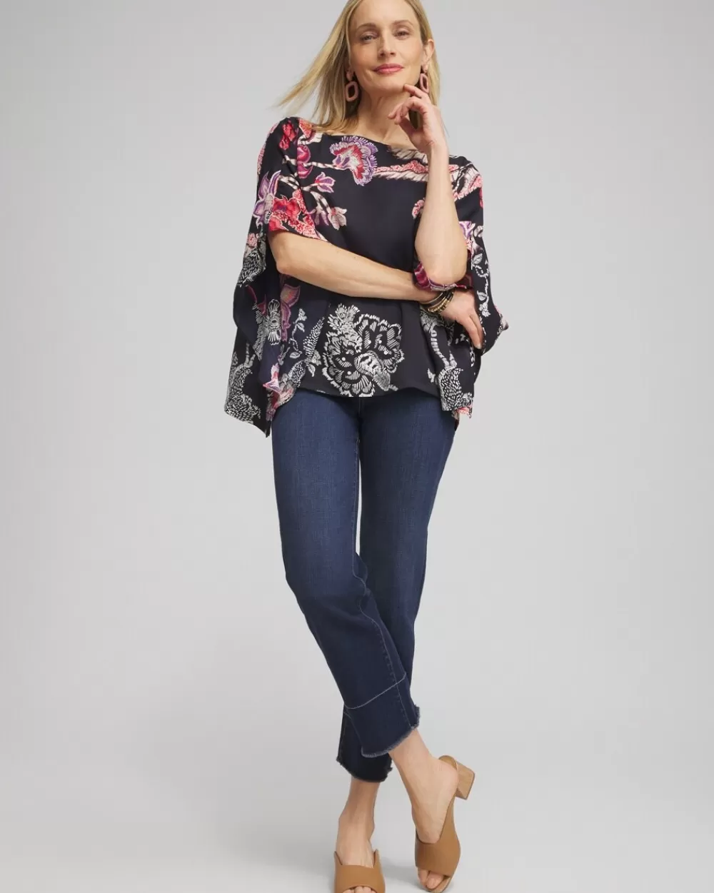 Best Sale Ruffle Detail Floral Poncho Tops