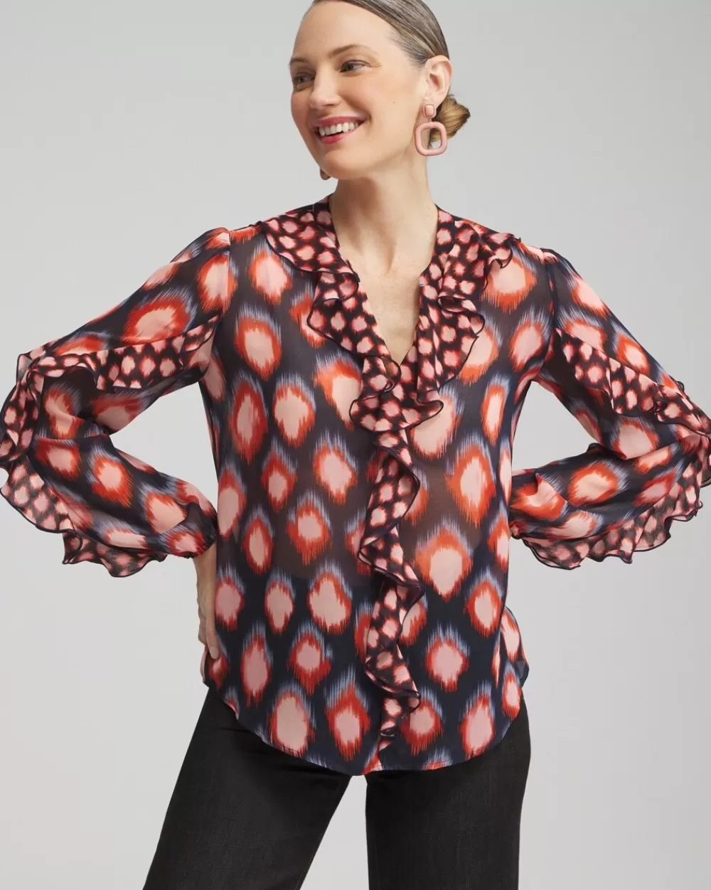 Best Sale Ruffle Detail Ikat Blouse Tops