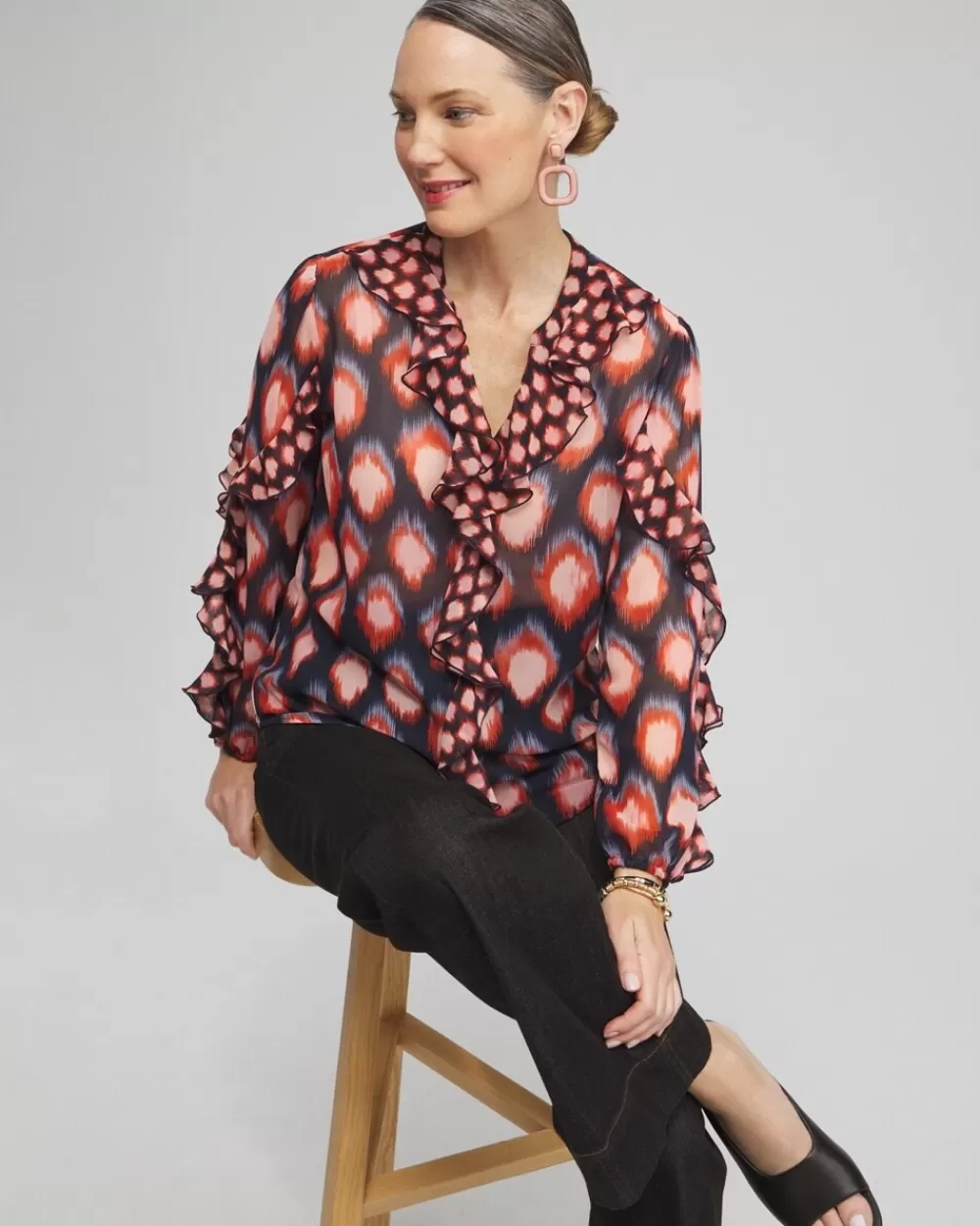 Best Sale Ruffle Detail Ikat Blouse Tops