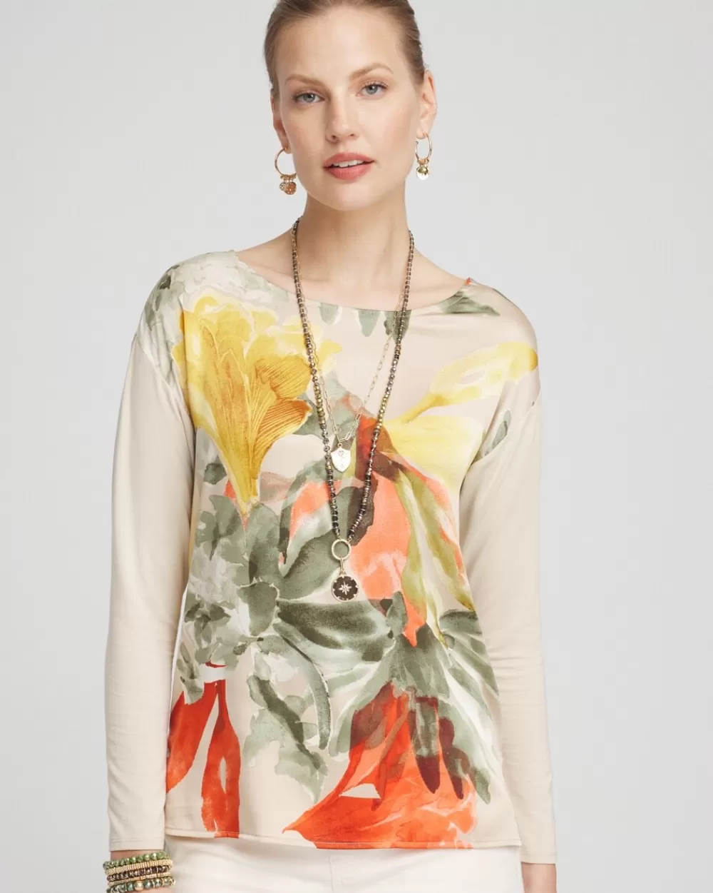 Flash Sale Satin Garden Long Sleeve Tee Tops