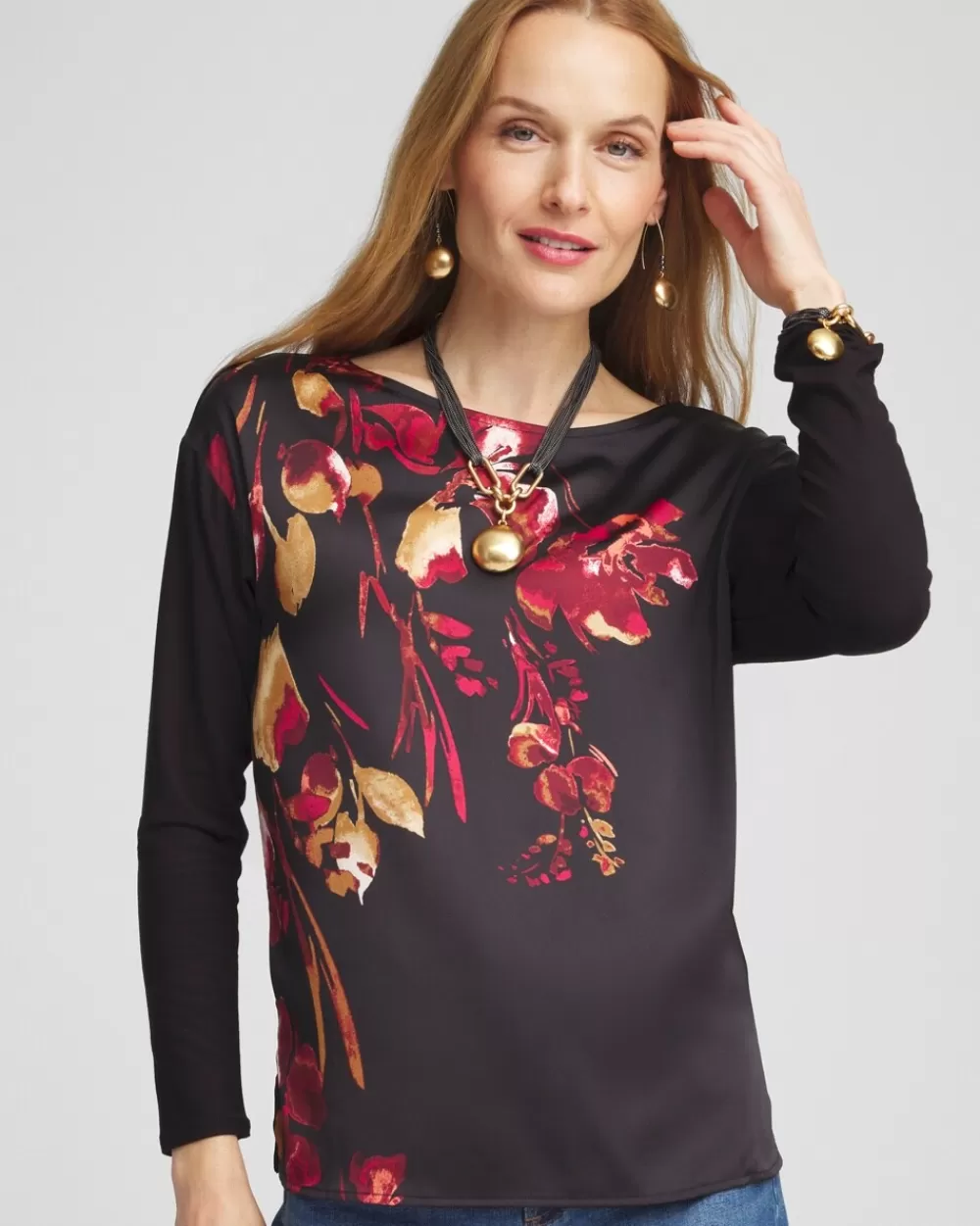 Cheap Satin Leaves Long Sleeve Tee Tops