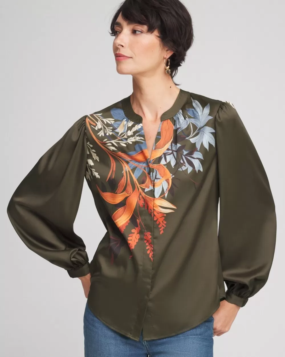 Shop Satin Placed Floral Blouse Tops